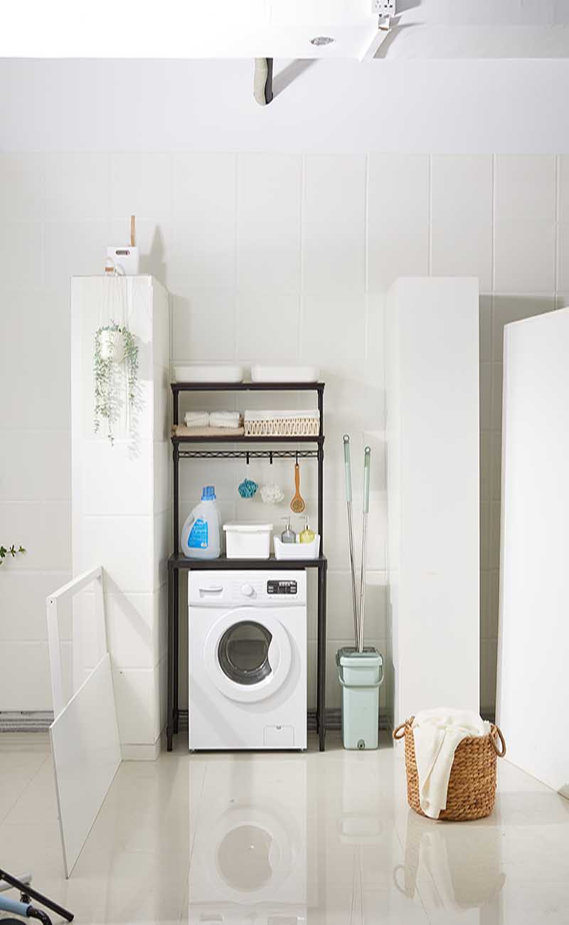 3-Tier Washing Machine Storage Rack with Hanging Rod and Hooks / Laundry Room Shelf Over The Washing Machine 