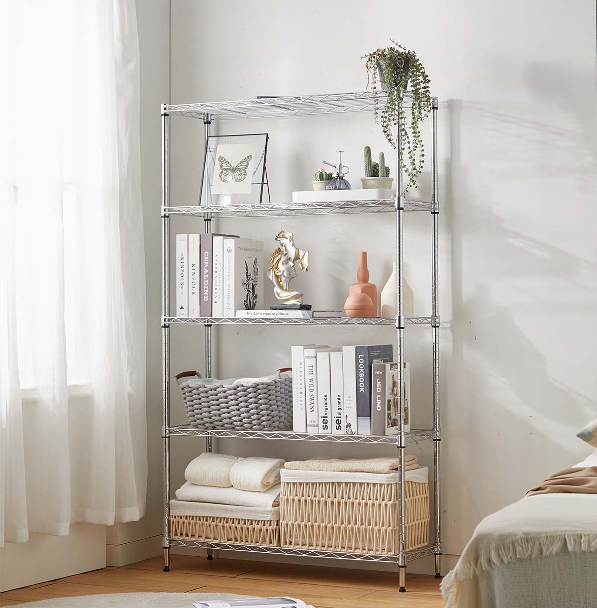 5-Tier Wire Display Shelf / Chrome Wire Shelving Unit / Wire Storage Rack