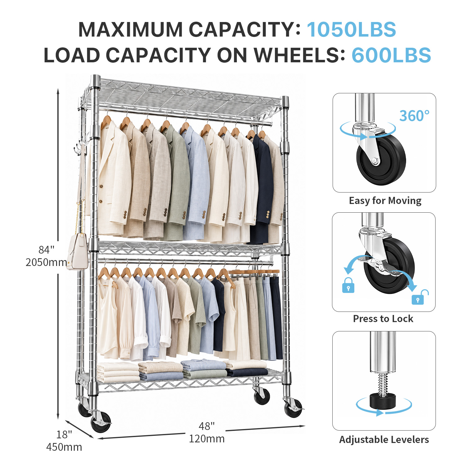 Heavy Duty 3 Tiers Rolling Garment Rack