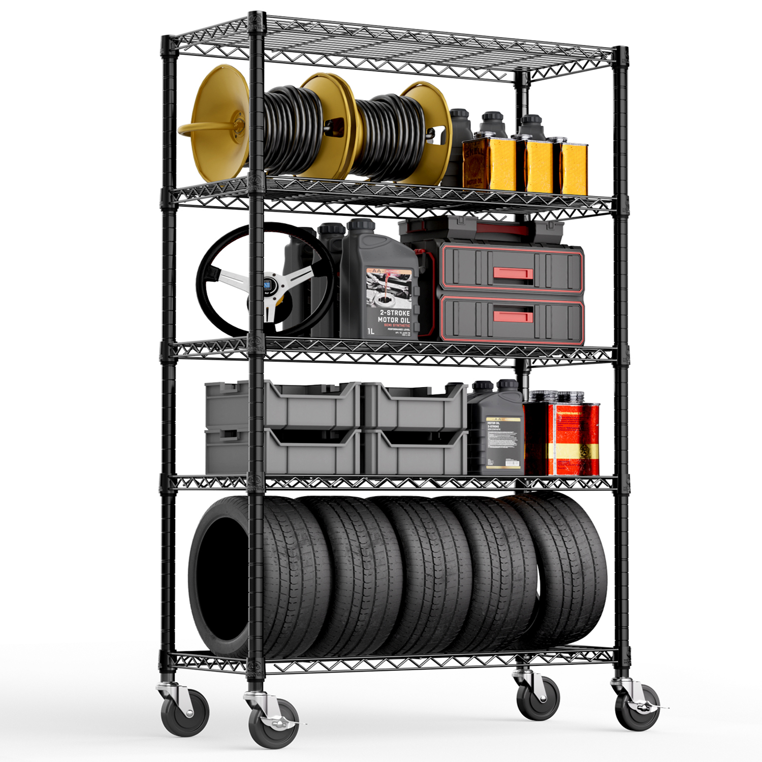 MZG 5-Shelf Storage Shelves with Wheels, Black