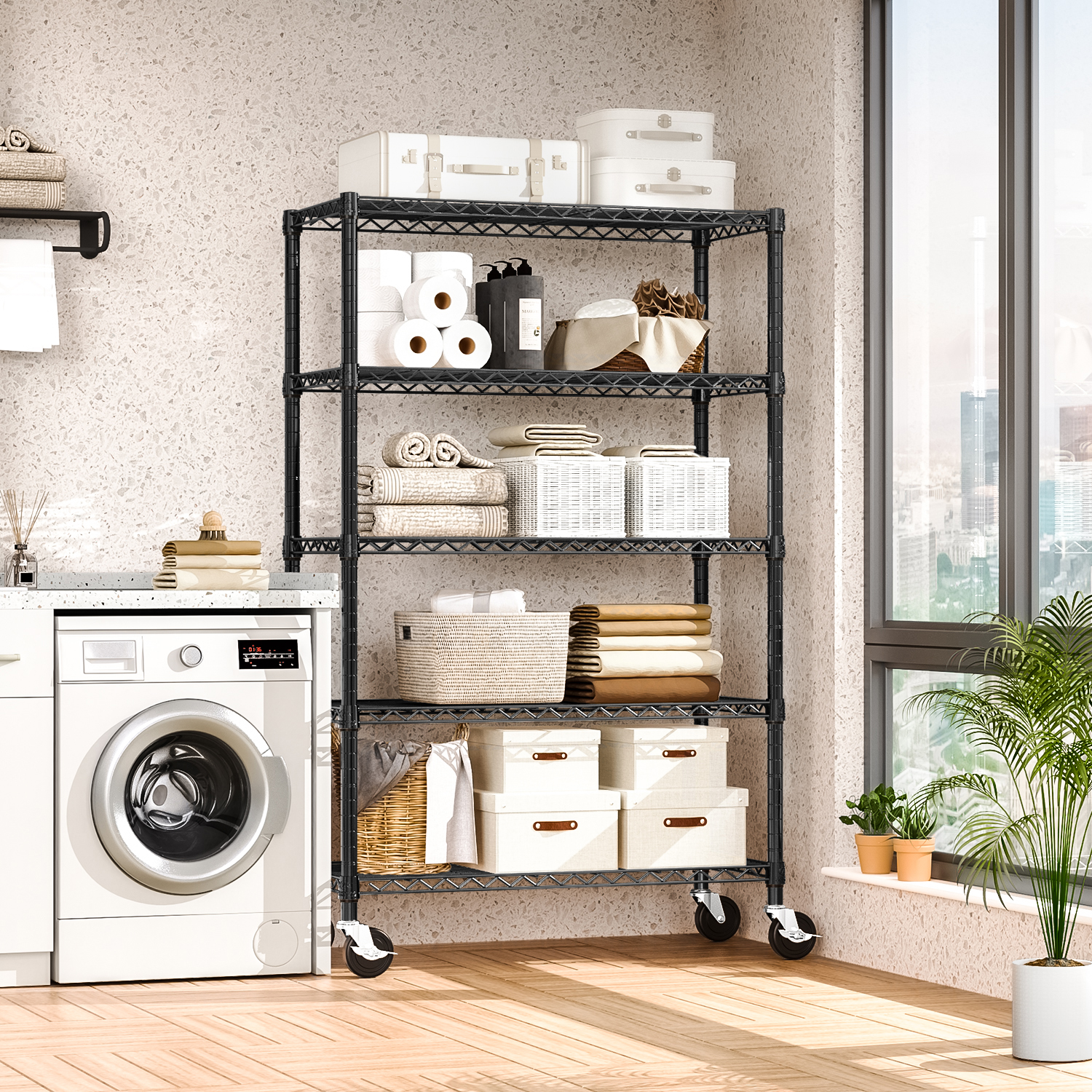 MZG 5-Shelf Storage Shelves with Wheels, Black
