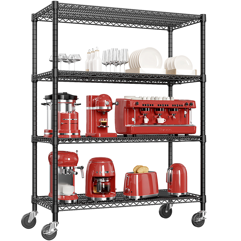 Heavy Duty 4 Tier Black Wire Metal Shelving with Wheels