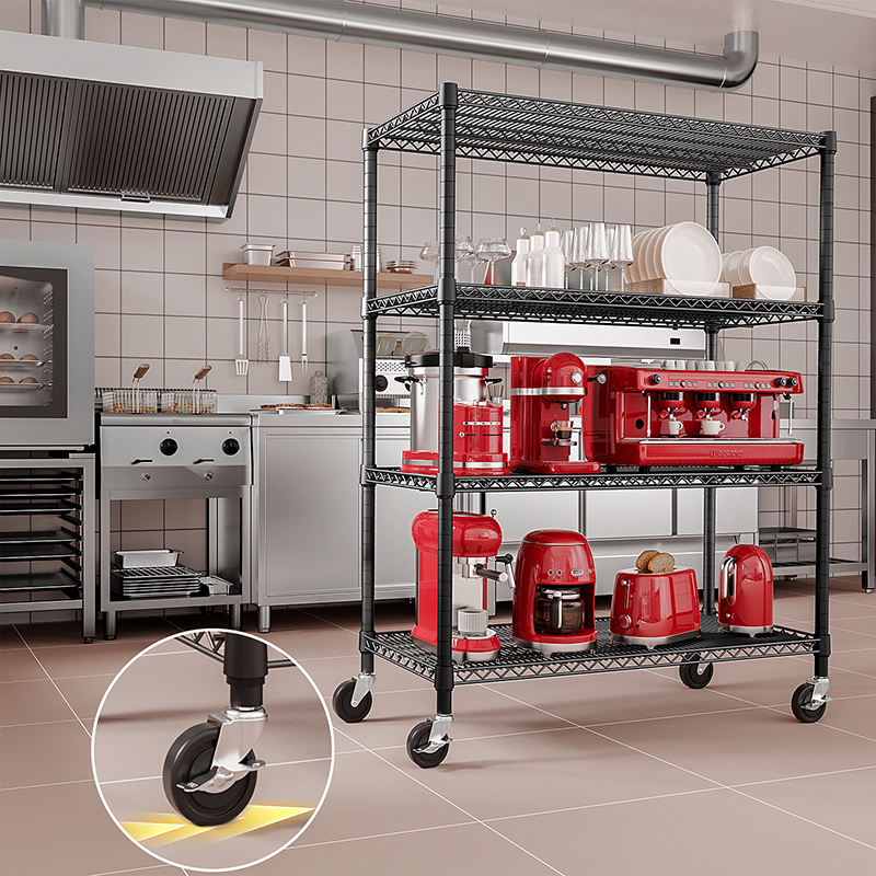 Heavy Duty 4 Tier Black Wire Metal Shelving with Wheels