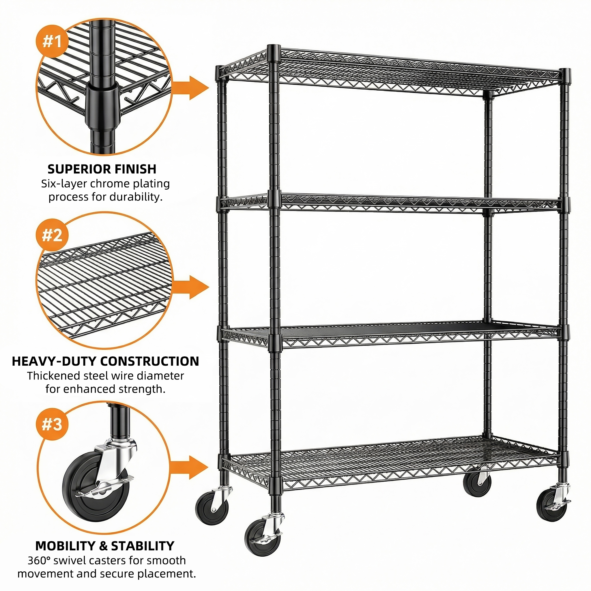 Heavy Duty 4 Tier Black Wire Metal Shelving with Wheels